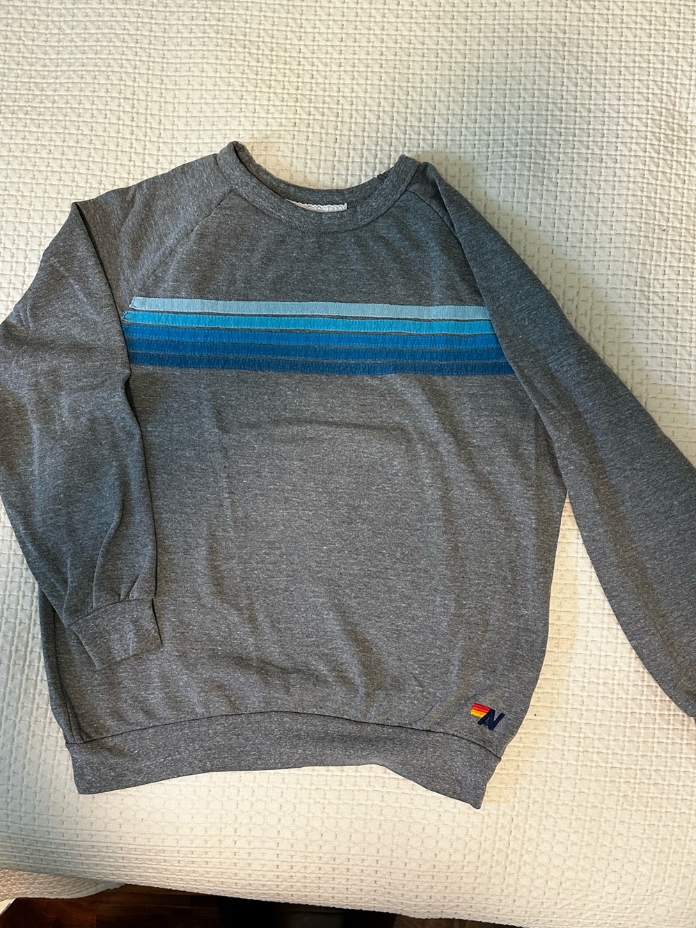 Aviator Nation grey sweatshirt. Blue stripes